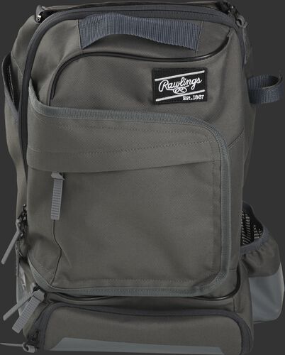 Front of a gray R701 Rawlings training backpack with a locker style front pocket