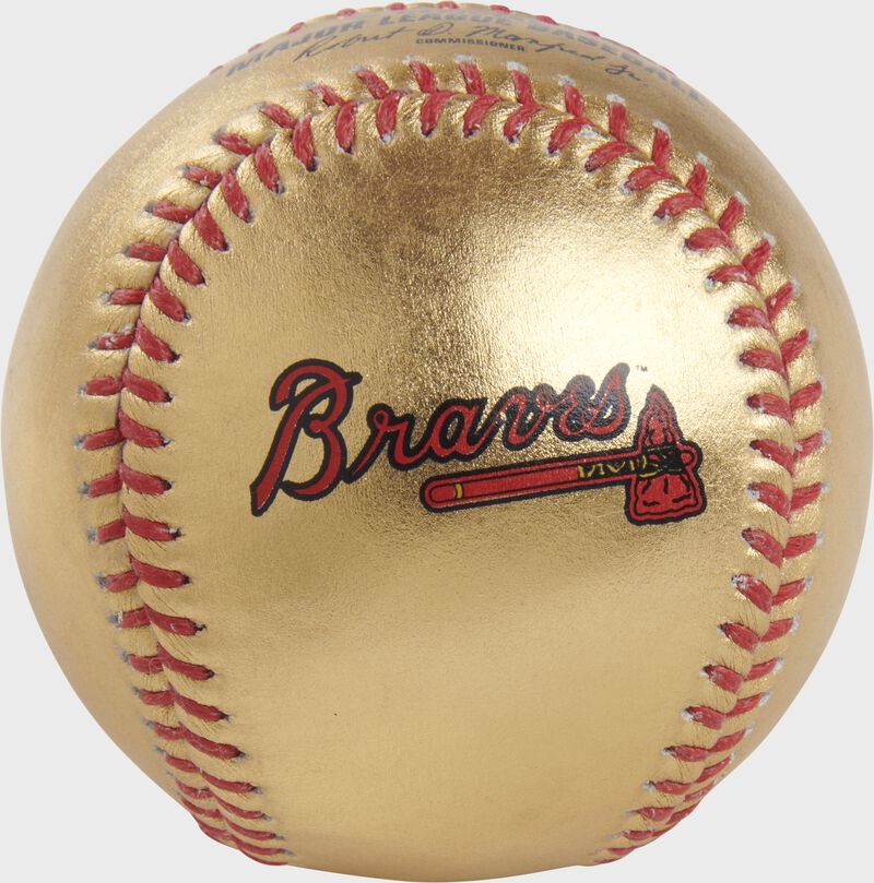 Braves logo on a gold MLB baseball with red stitches - SKU: RSGEA-GOLDATL-R loading=