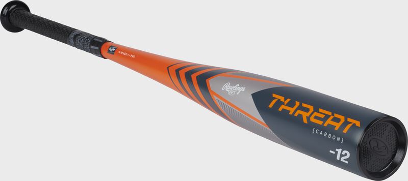 Front angle view of a Rawlings Threat USA bat showing the dark gray barrel and end cap - SKU: RUS4T12