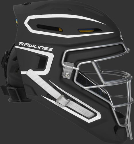 Right side of a black/white CHMCHS Mach senior size catcher's helmet