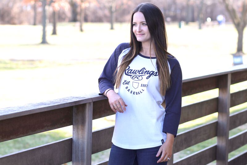 Left Side of Rawlings White/Navy Women's EST Raglan Baseball T-Shirt - SKU #RA30002-400