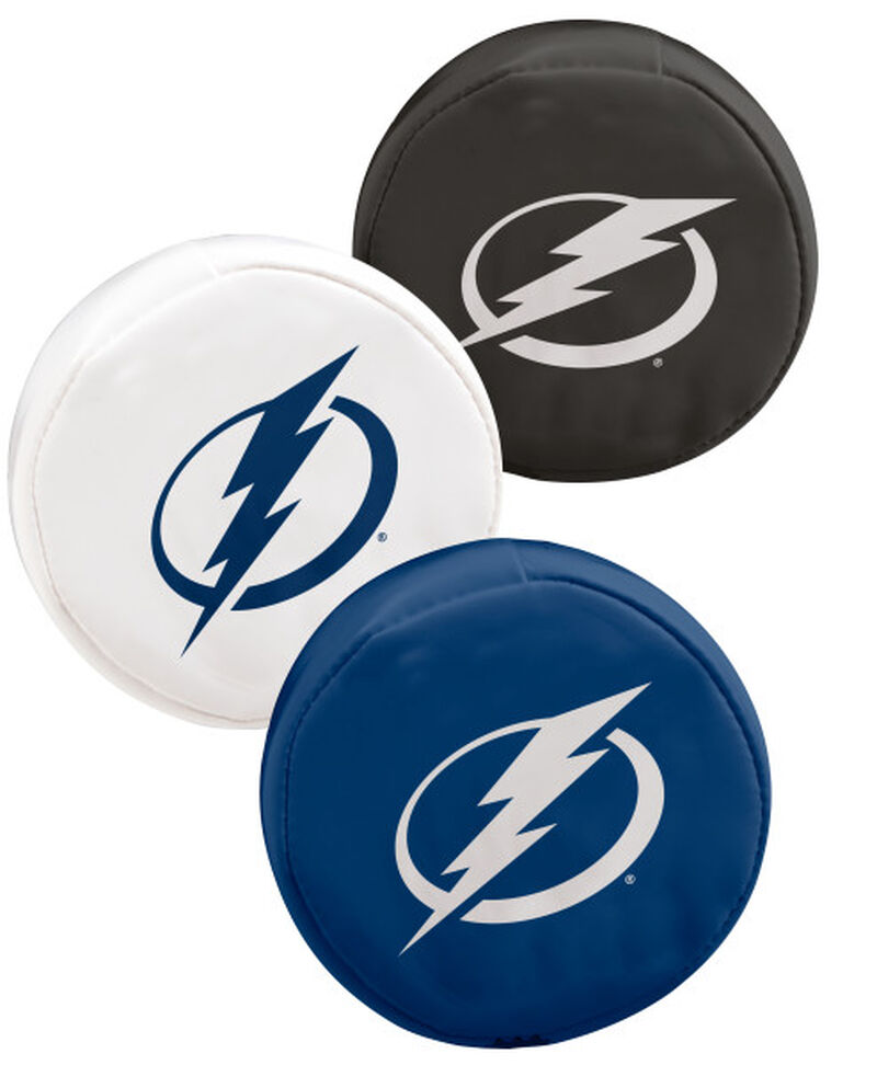 Rawlings NHL Tampa Bay Lightning Three Puck Softee Set With Black, White, and Blue Pucks and Team Logo SKU #00614112111