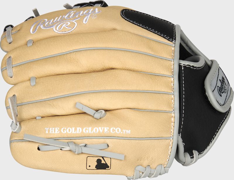 Camel back of a Rawlings 11-Inch Sure Catch youth glove with the MLB logo on the pinky - SKU: SC110BCI