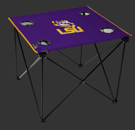 A purple NCAA LSU Tigers deluxe tailgate table with four cup holders and team logo printed in the middle SKU #00713035111