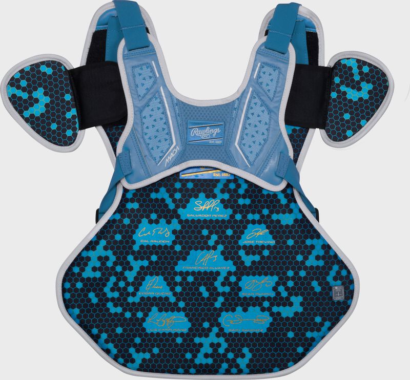 Back of a Columbia blue Rawlings Mach Pro Series chest protector