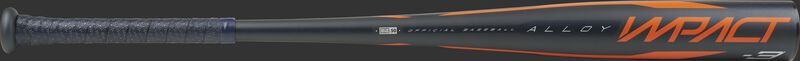 Barrel of a navy BBZI3 2020 Impact BBCOR bat with orange and grey accents