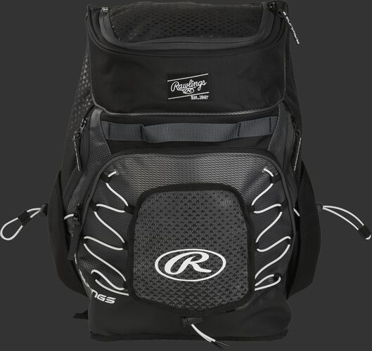 Front of a black R800 Rawlings softball backpack with a black patch and beaver tail external pocket