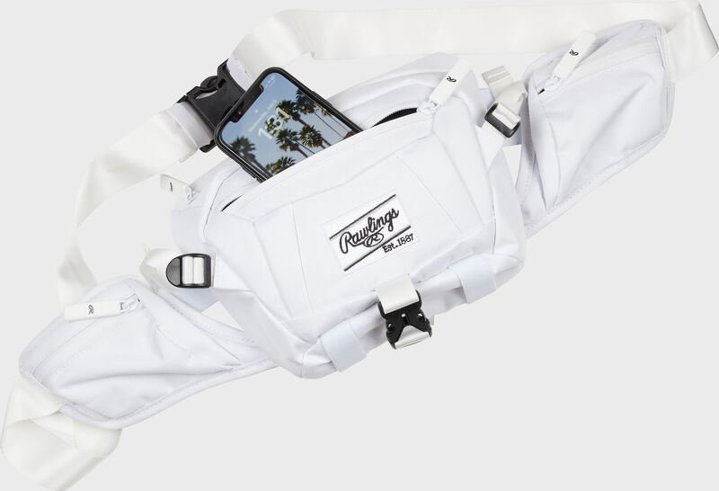 Front of a white Sling bag with a phone in the front pocket - SKU: RSLING-WH