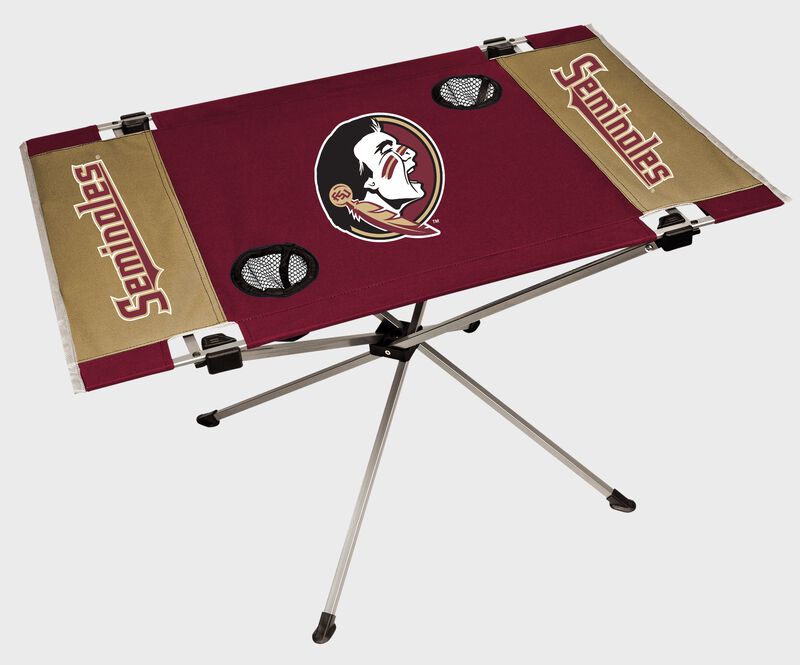 A Florida State Seminoles endzone table with a large team logo in the middle