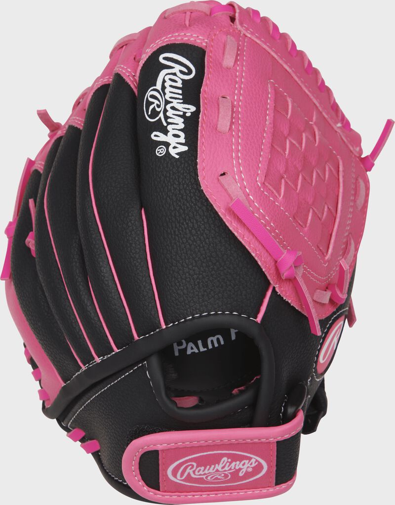 Back of a black/pink Storm 10-inch basket web softball glove with a velcro wrist strap - SKU: ACAST10BP