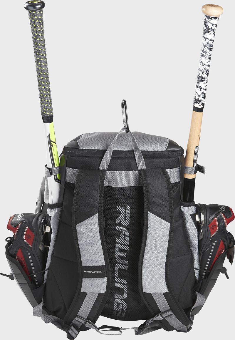 Back of a R1000 Rawlings Gold Glove Series equipment backpack with gray shoulder straps