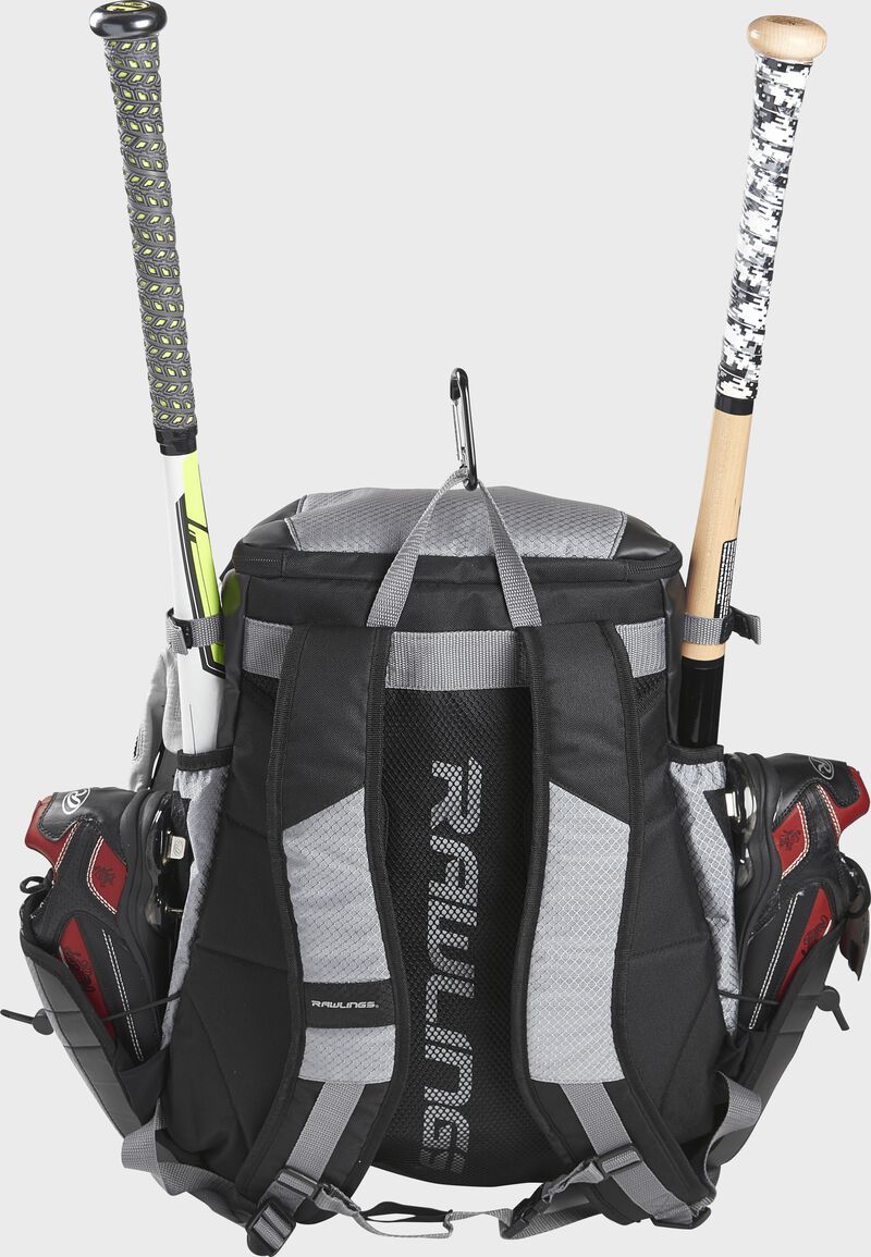 Back of a R1000 Rawlings Gold Glove Series equipment backpack with gray shoulder straps loading=