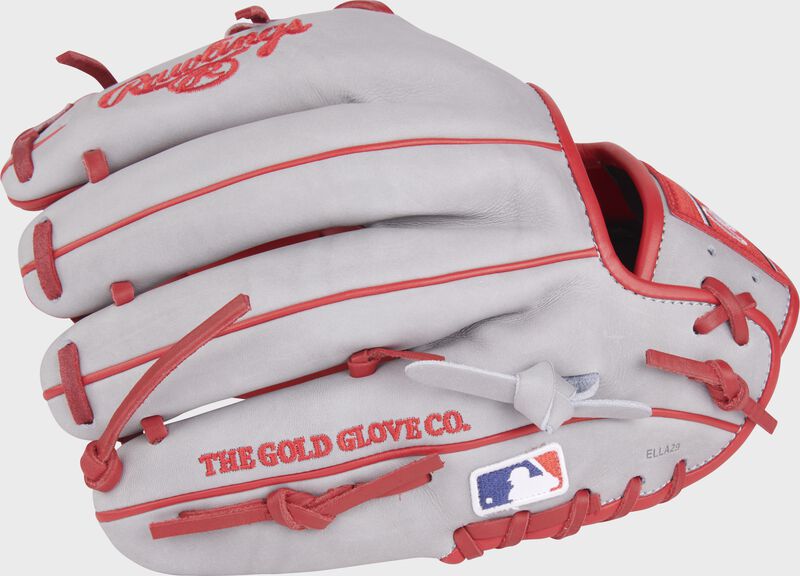 Gray back of a Heart of the Hide Jonathan India infield glove with the MLB logo on the pinky - SKU: PRO204-2JI
