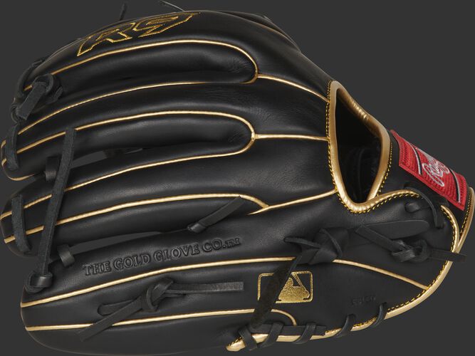 Black finger backs of a R9 infield glove with gold welting and MLB logo on the pinkie - SKU: R9314-2BG