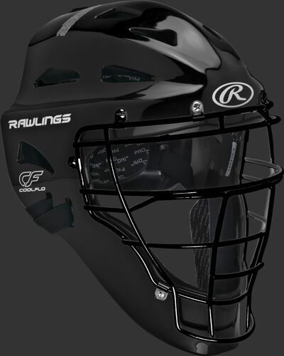 Front right of a black CHPLY Rawlings youth Players Series catcher's helmet