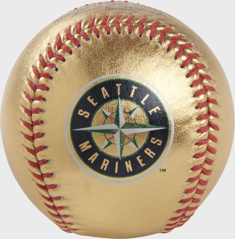 Mariners logo on a gold MLB baseball with red stitches - SKU: RSGEA-GOLDSEA-R loading=
