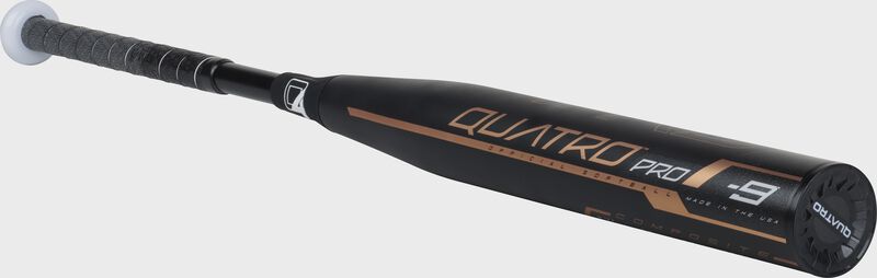 3/4 view of a black FPQP9 fastpitch Quatro Pro bat with rose gold accents