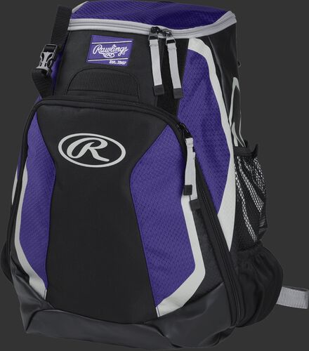 Left side of a black/purple R500 Players team backpack with white trim