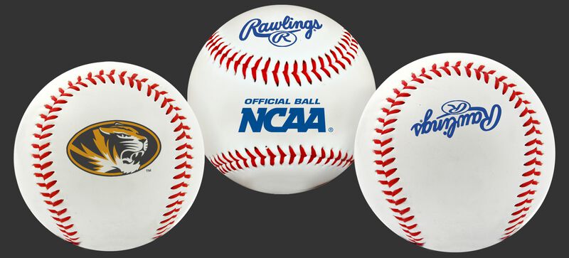 3 views of a NCAA Missouri Tigers baseball with a team logo, NCAA logo and Rawlings logo