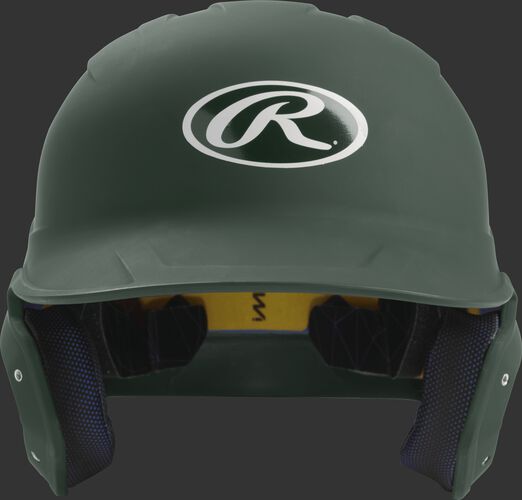 Front of a matte dark green MACH senior size batting helmet