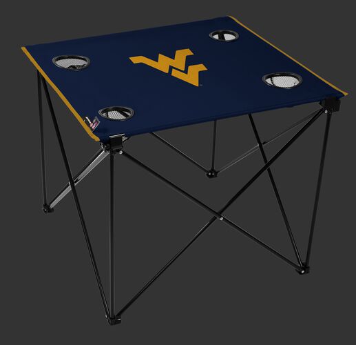 A navy NCAA West Virginia Mountaineers deluxe tailgate table with four cup holders and team logo printed in the middle SKU #00713114111
