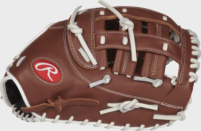 R9SBFBM-17DB R9 Series 12.5-inch fastpitch first base mitt with a brown thumb and brown Modified H web