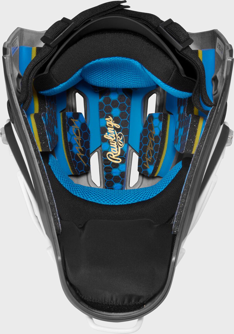 Inside padding of a black Rawlings Mach Pro Series catcher's helmet loading=
