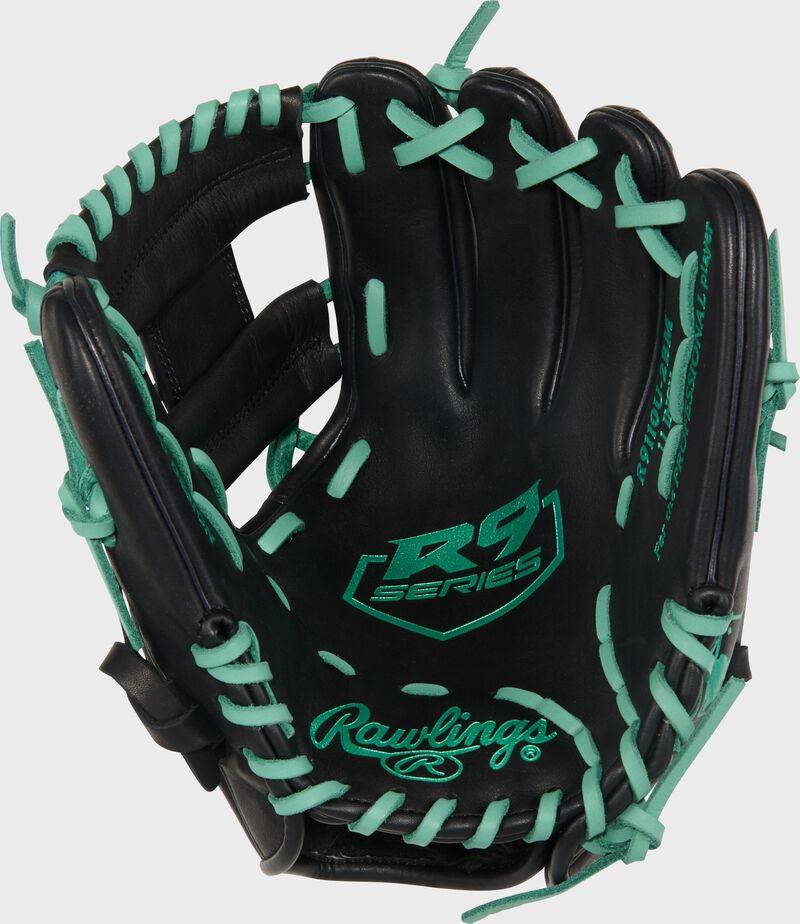 Black palm of a Rawlings R9 ContoUR 11-Inch Infield Glove with mint stamping and laces loading=