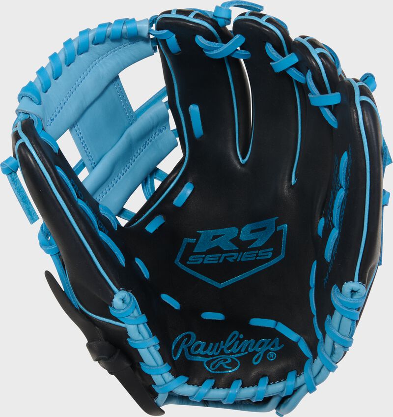 Black palm of a R9 Series 11.5-Inch Infield Glove with Columbia blue stamping and laces