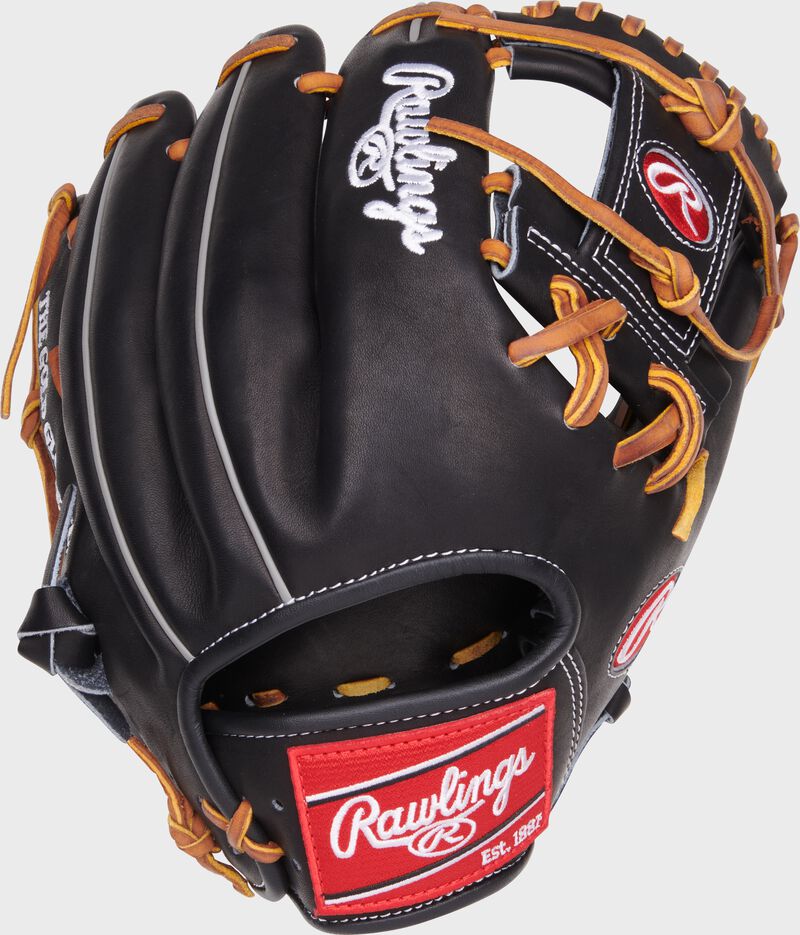 Black back of a Heart of the Hide 11.5" I-web glove with a red Rawlings patch