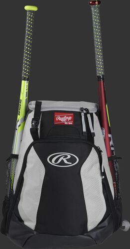 A black/white R500 Rawlings equipment backpack with a bat on each side