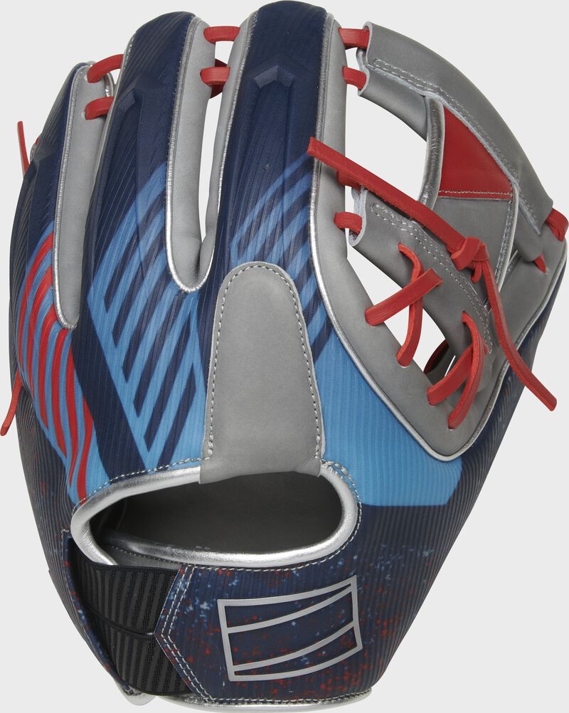 Shell back view of blue, red, and gray 2022 REV1X 11.5-inch infield glove loading=