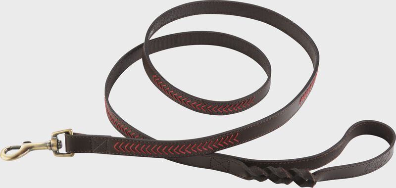 Overhead view of Rawlings Baseball Stitch Premium Leather Dog Leash - Brown