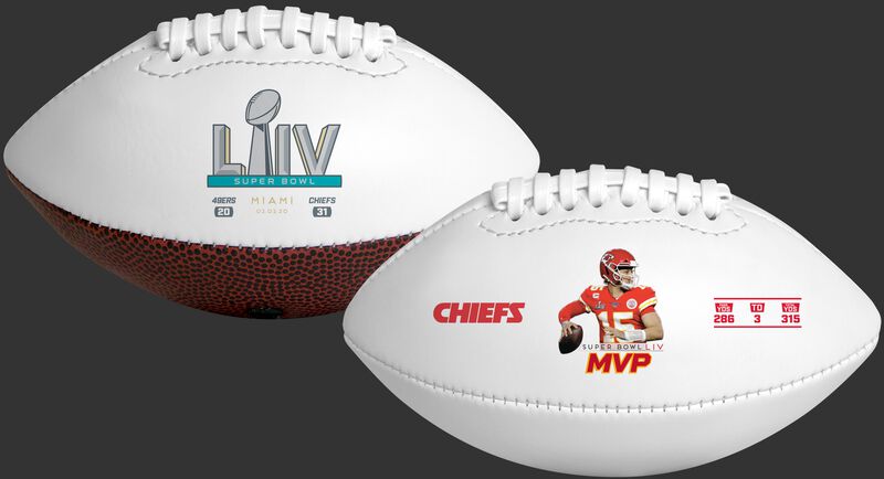 Front and back view of a Patrick Mahomes Super Bowl 54 MVP youth size football