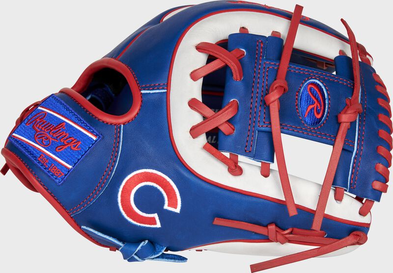 Web back view of royal, white, and scarlet 2021 Chicago Cubs Heart of the Hide glove