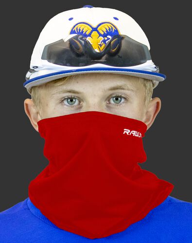 A player wearing a red Rawlings protective neck gaiter over his mouth and nose - SKU: RMSKNG-RED
