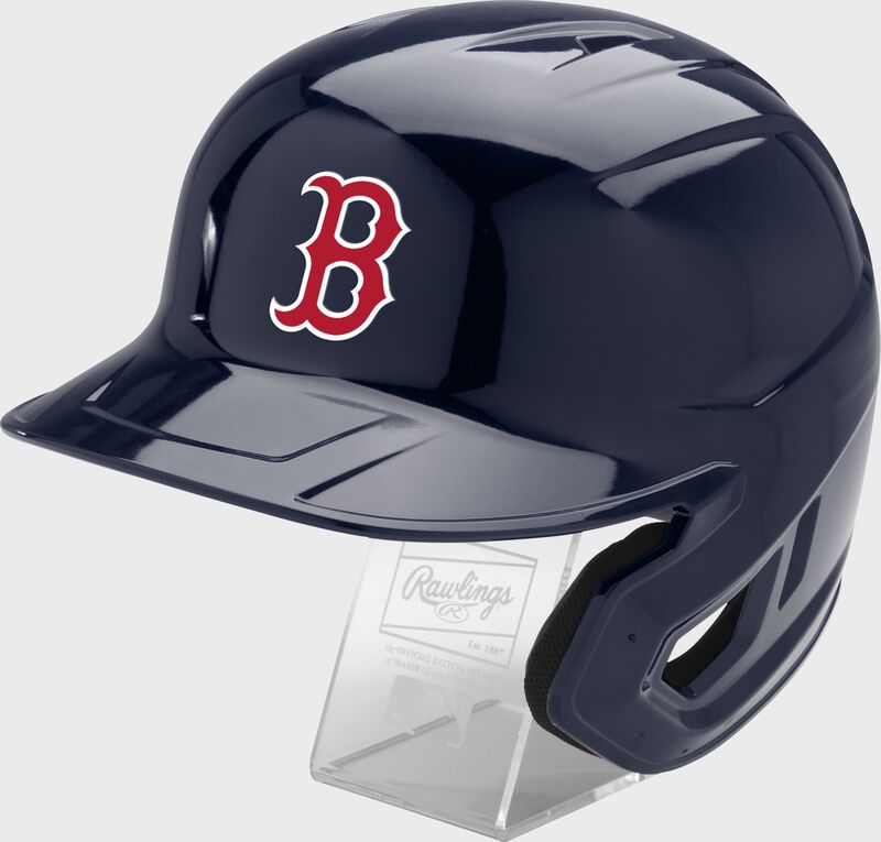 Front left of a navy Rawlings Boston Red Sox replica helmet - SKU: MLBMR-BOS