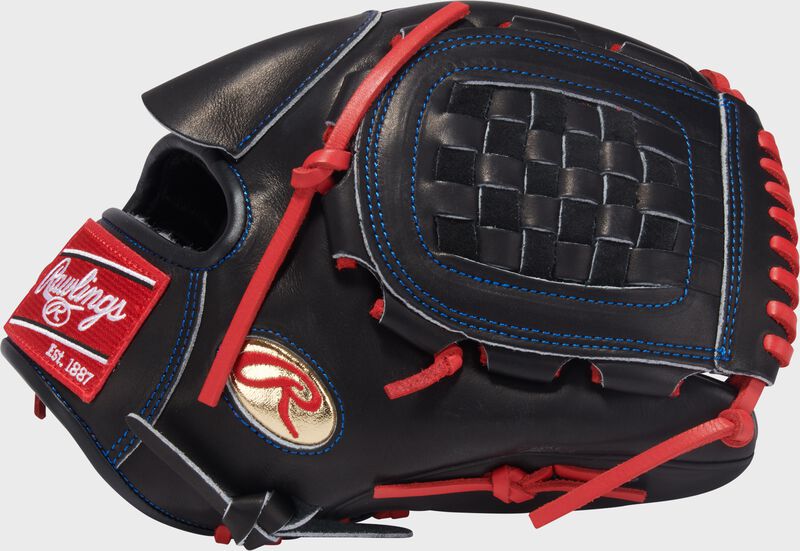 Thumb of a black Gameday 57 Series Zack Wheeler Pro Preferred Glove with a gold Oval-R and black Basket web