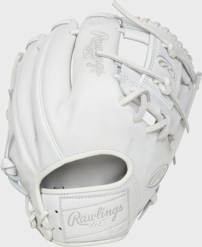 Back of a white Heart of the Hide 11.5" I-web glove with a white leather Rawlings patch - SKU: PRO204-2W