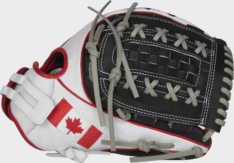 A white PRO716SB-18CAN 12-Inch HOH Canada softball glove with a black double-laced Basket web and Canadian flag on the thumb