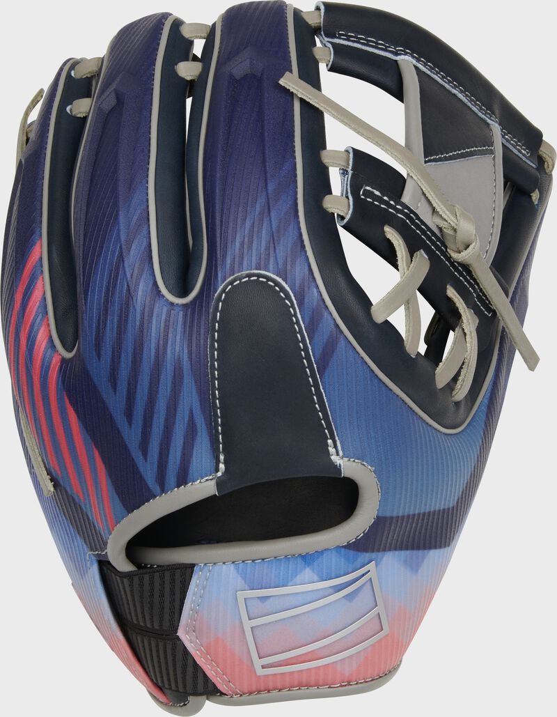 Navy/pink printed design back of an 11.75" Bo Bichette REV1X infield glove with the Rawlings logo outlined on the wrist - SKU: REV205-2XN
