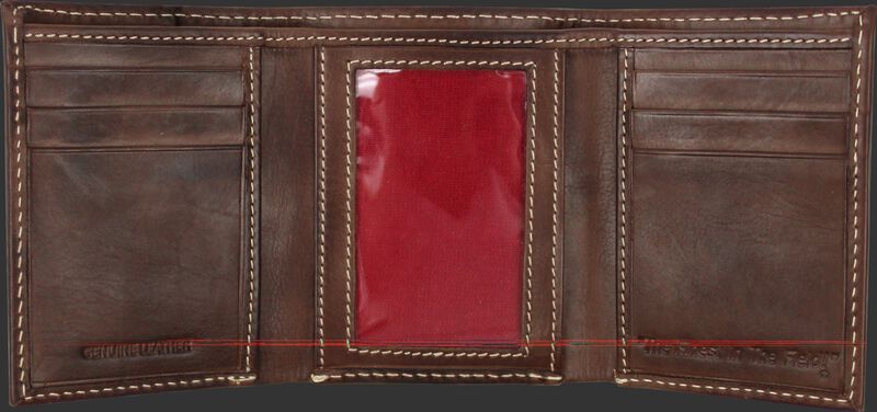 Inside of a brown MW478-200 Rawlings tri-fold wallet with multiple credit card slots and clear ID window in the middle
