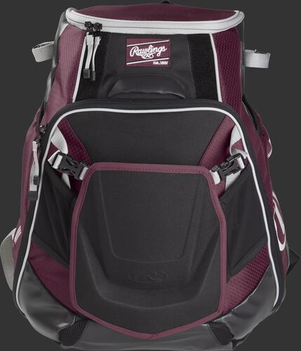 Front of a maroon VELOBK Velo backpack with maroon trim and a maroon Rawlings patch