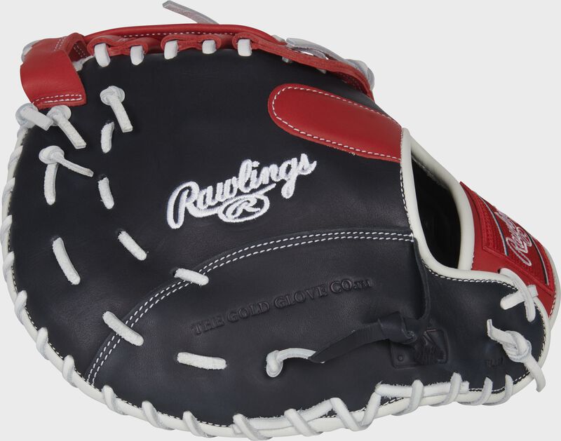 Navy back of a Rawlings Breakout 12-inch first base mitt - SKU: RSGBOYPTFM16NS image number null
