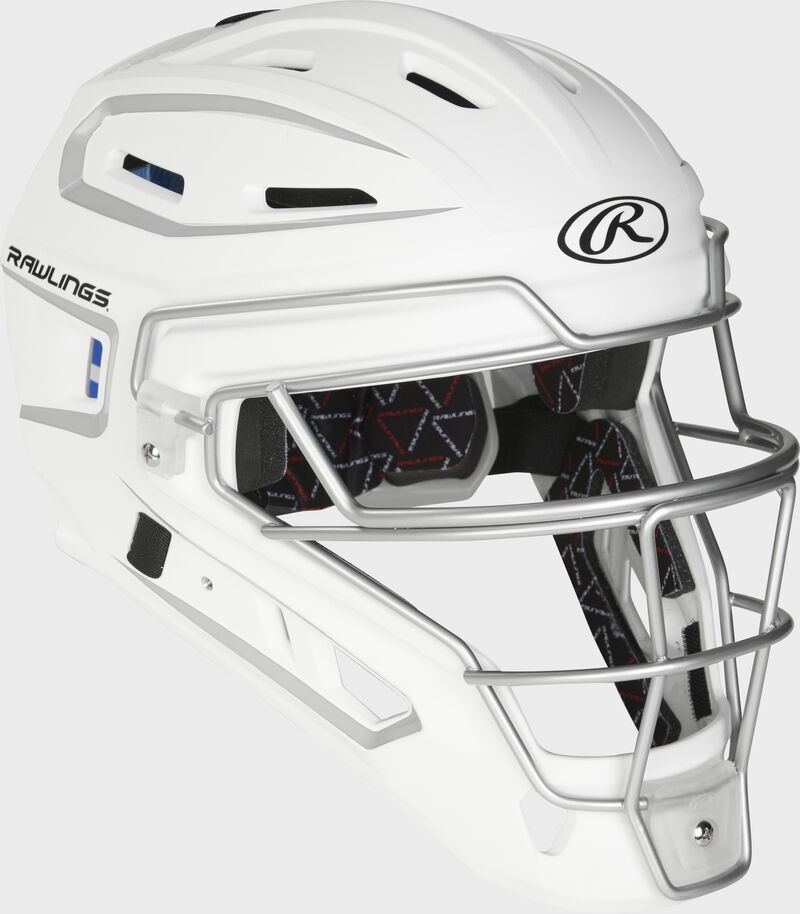 Front right of a white Velo 2.0 catcher's helmet