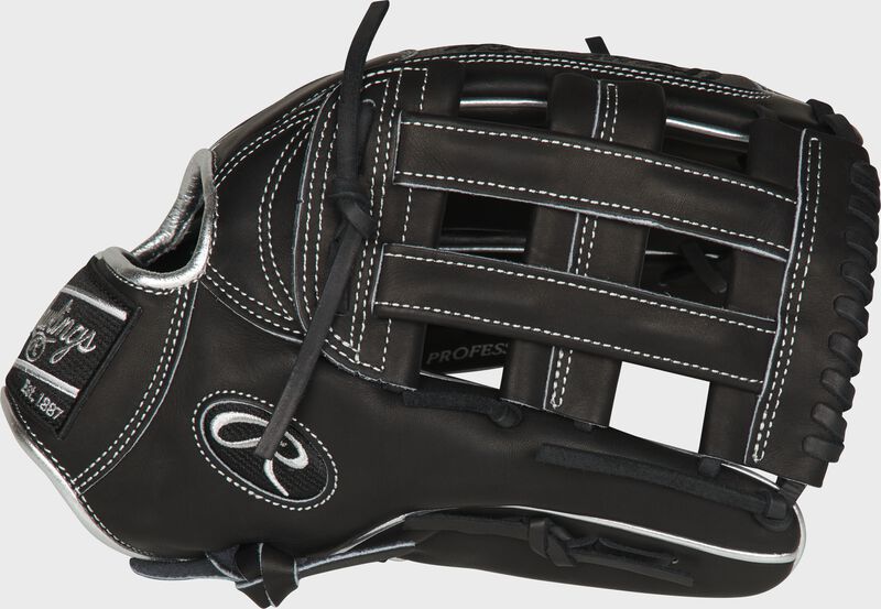 Thumb of a black PRO3039-6BPCF Rawlings 12.75-inch Hyper Shell outfield glove with a black H-web