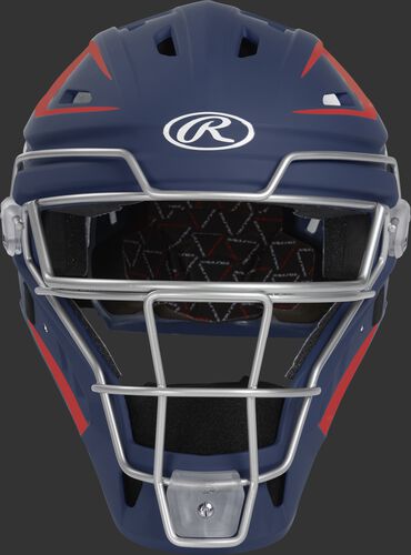 Front of a navy/scarlet CHV27J Velo 2.0 hockey-style catcher's helmet