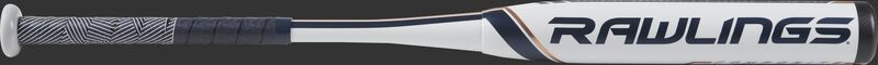 FP9V11 Rawlings fastpitch Velo bat with a white barrel and navy/rose gold accents