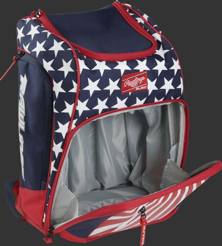 Right angle view of a USA Legion backpack with the main compartment open - SKU: LEGION-USA