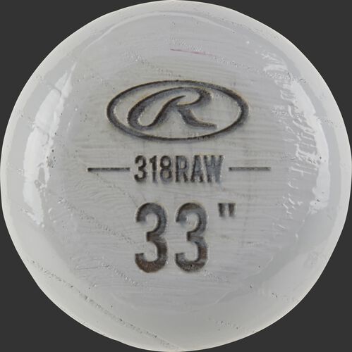 Grey knob of a Rawlings Player Preferred Ash wood bat with an engraved Oval-R and 33" size - SKU: 318RAW